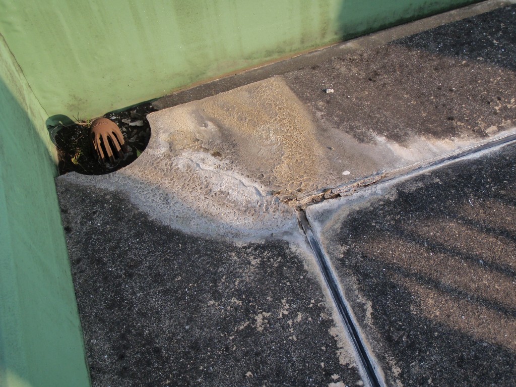 押えコンクリートの伸縮目地からエフロレッセンス（白華現象）が起こっている。コンクリート内部に浸水していることが分かる。