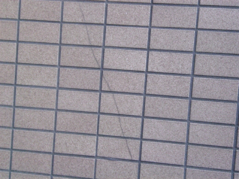芋目地のタイル面の例（50二丁掛磁器タイル）。写真のタイル面にはひび割れが生じている。